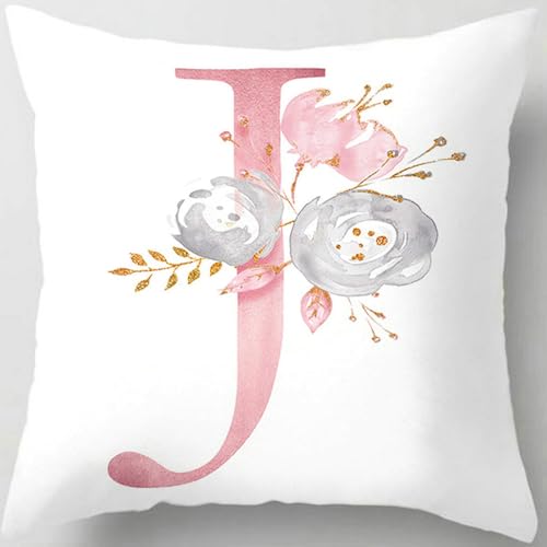 Tillskuch Pink Throw Pillow Covers Cute Alphabet Decorative Cushion Covers Square Letter Throw Pillows Protectors for Sofa Couch Bedroom Chair Home Decor 18 x 18 Inch(J)