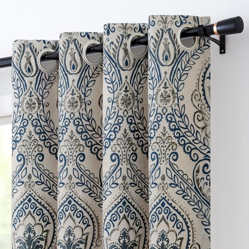 "Vangao Vintage Damask Blue Curtains 96 Inch Blackout Curtains Linen Textured Floral Paisley Medallion Print for Bedroom Living Room Darkening Drapes 2 Panels Navy on Beige 52"" x 96"""