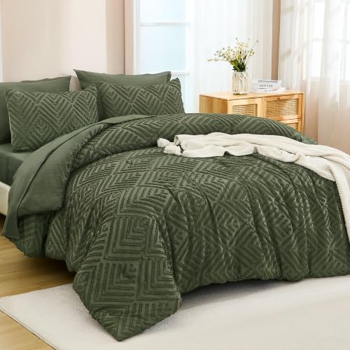 Andency Oversized Queen Comforter Set 7 Pieces, Olive Green - 7 Pieces, Bed in a Bag, Soft Lightweight Fluffy Polyester, Elegant Boho Tufted Reversible Bedding Set, All Season