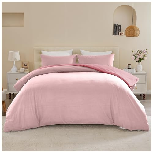 GC GAVENO CAVAILIA Luxury Bedding Double Bed Set - Breathable Plain Duvet Dover with Pillowcases - Durable & Soft Reversible Comforter Cover Washable (200 x 200 Cm) - Pink/Dark Pink