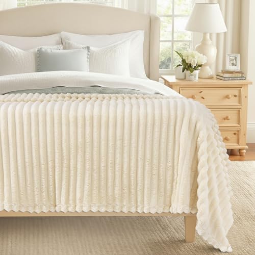 decorUhome Beige Fleece Queen Blanket 90x90 Inches - Soft Fleece Bed Cozy Fluffy Plush Flannel Large Striped Throws for Couch Sofa, Decorative Fuzzy Blanket for Woman
