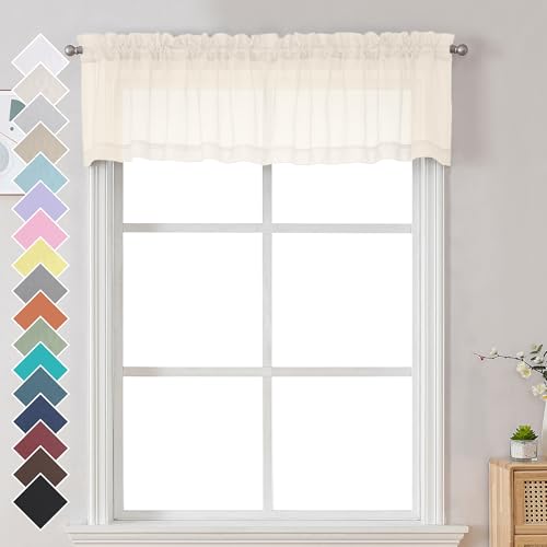 Chyhomenyc Cream Sheer Valances for Windows 2 Pack, Small Window Curtains for Living Room Bathroom Cafe Laundry Basement, Modern Top Dual Rod Pocket Voile Curtain, 42W x 14L inches