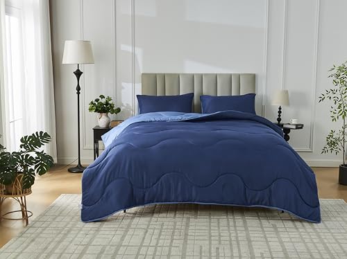 GC GAVENO CAVAILIA Coverless Single Duvet - 100% Polyester Down Alternative Comforter & Pillowcase - 10.5 Tog Reversible Coverless Quilt - Soft, Warm, Bedding Set - (137x200cm), Navy/Blue