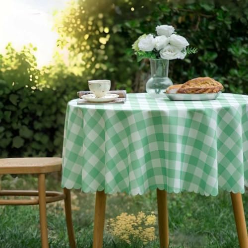 MANGATA CASA Green Gingham Round Tablecloth-Checkered Table Cloth Waterproof Kitchen & Table Linens-Polyester Buffalo Plaid Wrinkle Free Table Cover(Light Green 60R inch)
