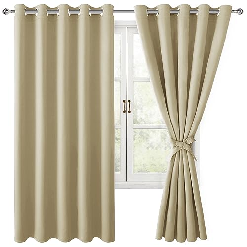 Hiasan Grommet Blackout Curtains for Bedroom, 60 x 72 Inches - Thermal Insulated & Light Blocking Window Drapes for Living Room/Dorm Room, Set of 2 Panels Sewn with Tiebacks, Light Beige