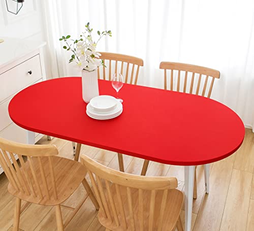 Wolkemer Fitted Oval Tablecloth Spandex Stretch 48 x 72 Inch - Red Elastic Edge Table Cloth, Fitted Washable Dining Table Cover, Topper Cap Tablecloth for Dining Wedding Party Picnic