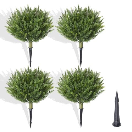 "15.7"" Fake Shrubs, Artificial Cedar Ball Tree Plant, 4 Packs of Fake Cedar Outdoor shrubs with Ground Spike, UV Resistant Fake shrubs, Used for Indoor and Outdoor Front Porch Gardens"