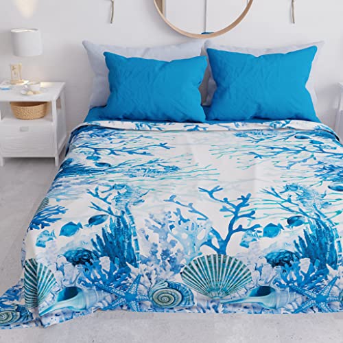 PETTI Artigiani Italiani - Microfibre Sofa Cover 260 x 270 cm, Coral Blue Pattern - Multipurpose for Sofas, Bedspreads and Table Covers - Washable Protective Cover