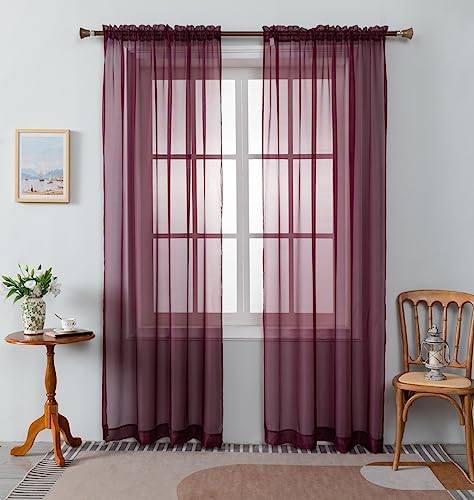 "WPM Burgundy Sheer Curtains 60"" Wide x 63"" Long 2 Panels Livingroom Window Treatment Rod Pocket Sheer Voile for Bedroom, Kitchen, Living Children Room Fully Stitched and Hemmed"