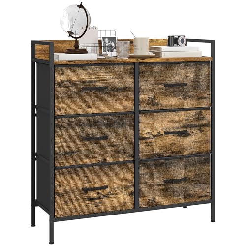 HOMCOM Bedroom Chest of Drawers, Fabric Dresser with 6 Drawers, Storage Organiser Unit with Open Shelf and Metal Frame for Living Room, Entryway, Rustic Brown