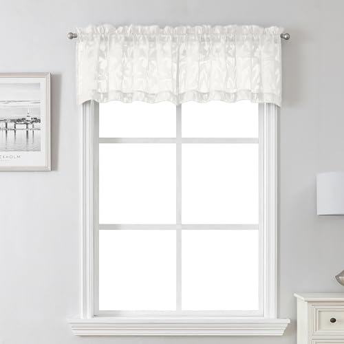"Lecloud Leia Ivory Sheer Valance for Windows 14 Inch Length 2 Pcs, Jacquard Leaf Textured Cafe Kitchen Short Curtains with Dual Rod Pockets, Small Curtain for Living Room Bedroom, 30"" W x 14"" L"