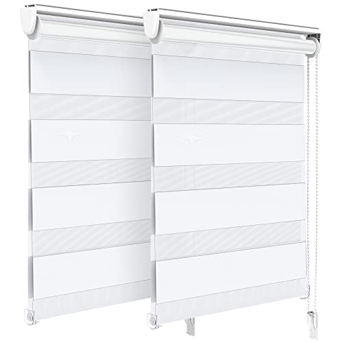 VOUNOT® Set of 2 Day and Night Blinds No Drill, Zebra Roller Blinds for Windows, Double Layer Translucent and Blackout Fabric, Easy Installation Window Shades, White, 55 x 150 cm