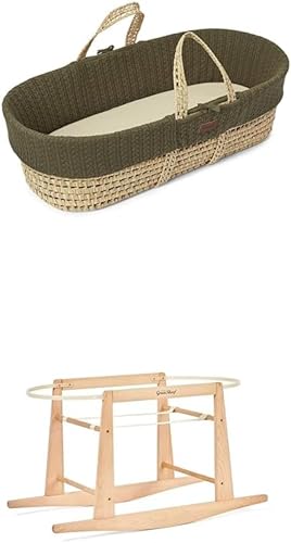 The Little Green Sheep Bundle - Knitted Moses Basket & Mattress, Juniper Colour + Rocking Moses Basket Stand, Natural Colour