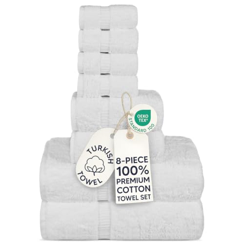 Chakir Turkish Linens - Hotel & Spa Quality 100% Cotton Premium Turkish Towels - Soft & Absorbent (8-Piece Towel Sets, White)