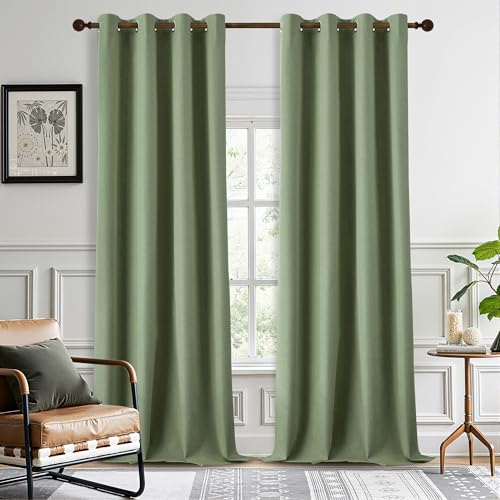 DONREN Total Blackout Linen Curtains 102 Inch Length for Bedroom Living Room, Farmhouse 100% Black Out Thermal Insulated Privacy Lightweight Grommet Curtain Panels, Sage Green, W52 x L102, 2 Panels