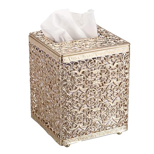Sumnacon Stylish Square Gold Metal Tissue Box Cover with Lid, Sturdy & Elegant, Perfect for Home & Office