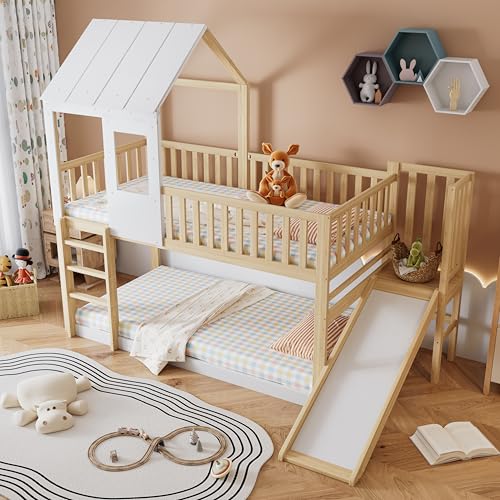 Ball & Cast Wooden bed, High sleeper bed, With fun slides, 3ft single bed 90×190cm, Beautiful roof and windows, Under-bed storage space, Pine+MDF+Plywood, White+Wood colour