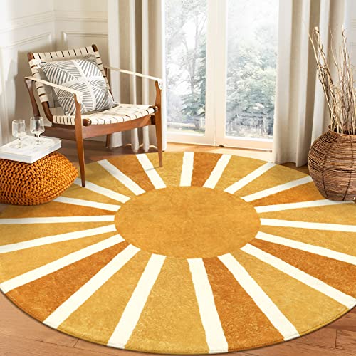 Lahome Boho Round Rug - 4Ft Washable Non-Slip Area Rug, Soft Throw for Sofa, Kids Nursery, Rainbow Sun Print Distressed Carpet for Bedroom, Entryway, Living Room, Dining Room