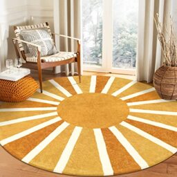Lahome Boho Round Rug - 4Ft Washable Non-Slip Area Rug, Soft Throw for Sofa, Kids Nursery, Rainbow Sun Print Distressed Carpet for Bedroom, Entryway, Living Room, Dining Room