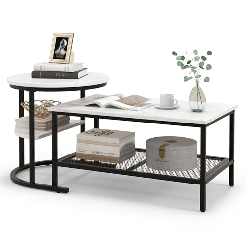 CASART Nesting Tables Set of 2, Space Saving Coffee Table with Marble Tabletop, Mesh Shelf & Adjustable Foot Pads, Metal Frame Stackable Side Tea Table for Living Room Bedroom Office (Black + White)