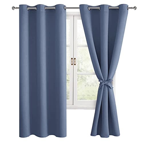 Hiasan Blackout Curtains for Bedroom, 42 x 72 Inches Long - Thermal Insulated & Light Blocking Window Curtains for Living Room, 2 Drape Panels Sewn with Tiebacks, Blue Haze