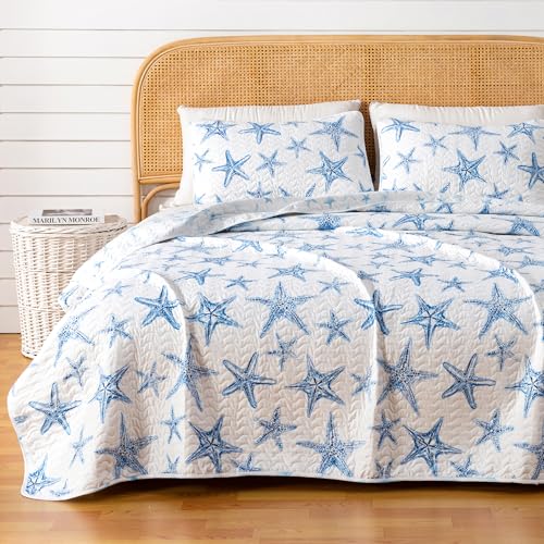Great Bay Home Coastal Quilt Set - 3-Piece Full/Queen Size Nautical Bedding Set - Lightweight, All-Season, Reversible Starfish Bedspread (Blue)