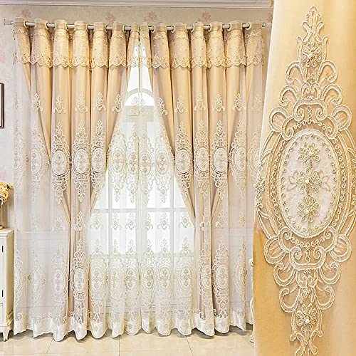Amidoudou 1 Pair European Double Layer Curtains with Valances for Living Room Bedroom Luxury 3D Flower Embroidered Curtains (Yellow,52x95 Inch)