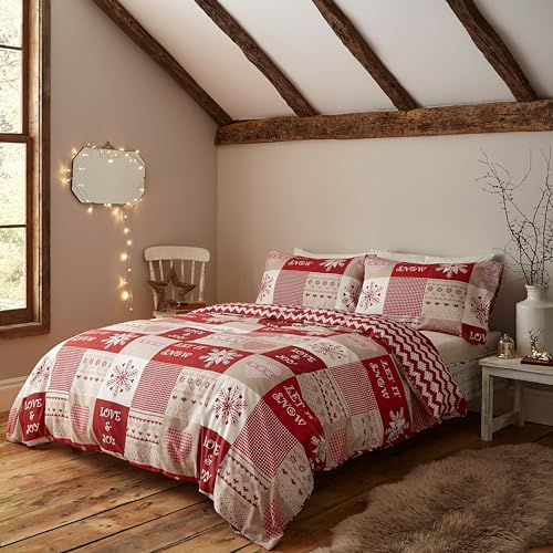 Catherine Lansfield Christmas Let It Snow Single Duvet Cover and Pillowcase Red Natural