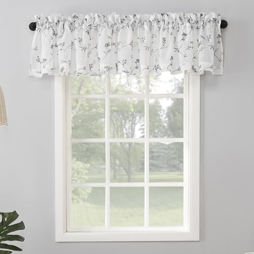 "No. 918 Delia Embroidered Floral Sheer Rod Pocket Curtain Valance, 50"" x 17"", White"
