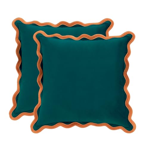 MONDAY MOOSE Decorative Throw Pillow Covers Cushion Cases, Set of 2 Soft Velvet Scalloped Wavy Edge Designs, Mix and Match for Home Decor, Pillow Inserts Not Included (Coral/Dark Teal, 16x16 inch)