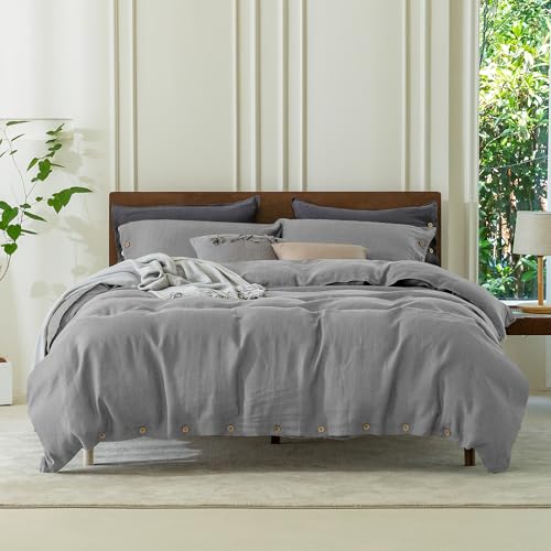 EVERLY 100% Pure Linen Duvet Cover Set California King Size 104X90Inch 3pcs(1 Duvet Cover,2 Pillowcases) Soft and Breathable All Season with Coconut Button Closure Suitable for Hot Sleepers-Grey
