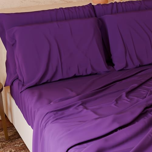 PETTI Italian Artisans - 4-Piece Maxi Double Bed Sheet Set, Soft and Breathable, Complete Bed Set with Top Sheet, Fitted Bottom Sheet and 2 Pillowcases, Plum Sheets