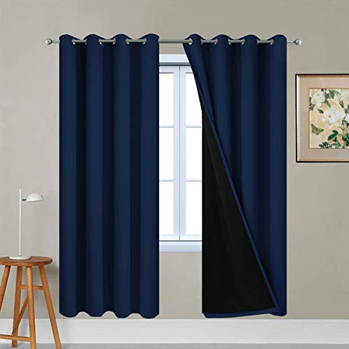 Yakamok 100% Blackout Curtains with Black Liners, Thermal Insulated Full Blackout 2-Layer Lined Drapes Room Darkening Curtain Panel for Bedroom(Navy Blue, 2 Panels, W52 x L72)