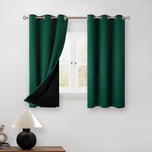 BGment Short 100% Blackout Curtains for Bedroom, Thermal Insulated Energy Efficiency Noise Reducing Grommet Curtains 45 Inch Length with Liner for Small Window 2 Panels Each 42 Inch Wide, Emerald