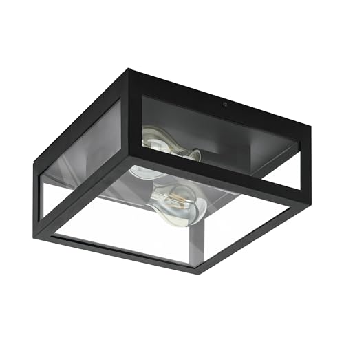Eglo Amezola 2-Flame Flush Ceiling Light - Industrial and Vintage Design Lighting, Living Room, Kitchen and Bedroom Wall Lamp, Black Steel and Clear Glass Light E27