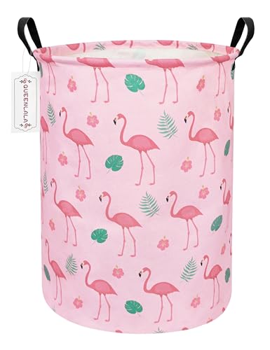 QUEENLALA Large Storage Basket,Collapsible Round Storage Bin,Laundry Hamper/Bathroom/Home Decor/Children Hamper/Boxes/Children Clothing (Round-Pink Flamingo)
