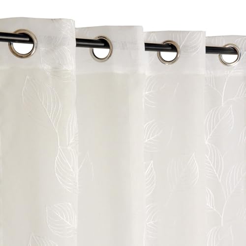 Atout Ciel Embroidered Leaf Net Curtain with Eyelets 140 x 240 cm Ecru