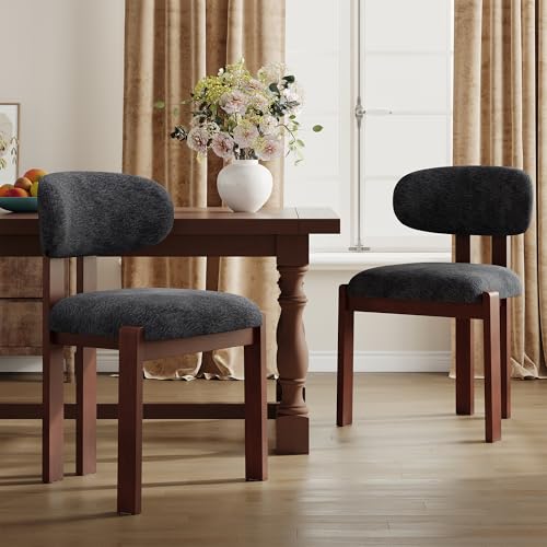 Dining Chairs Set of 2, Upholstered Chenille Dining Room Chairs with Brown Solid Rubber Wood Frame, Soft Cushioned Seat Kitchen Chairs, Modern Nordic Accent Chairs for Dining Room Kitchen,Dark Blue