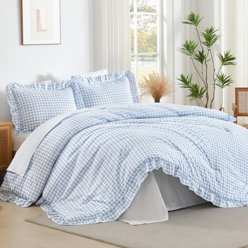Andency Blue Gingham Ruffle Comforter Full, 3 Pieces Vintage Bedding - 1 Ruffled Comforter(79x90Inch) and 2 Pillowcases???Farmhouse Shabby Chic Bed, Vintage Rustic Soft Polyester Bedding Set