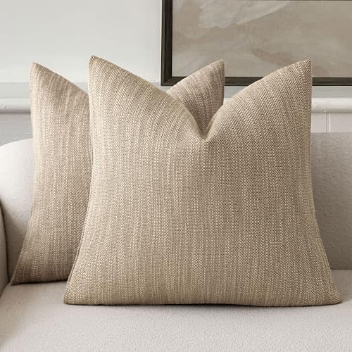 Foindtower Set of 2 Decorative Textured Burlap Linen Throw Pillow Covers Farmhouse Boho Cushion Cover Solid Accent Pillowcase for Couch Sofa Bed Living Room Home Decor,18??18 Inch,Camel