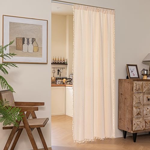 "Sutuo Home Boho Sliding Door Curtains, Bohemian Semi Blackout Tassels Curtains Privacy Embroidery Stripes Decor Temporary Room Dividers for Door Window Hallway,Rod Pocket 1 Panel 37"" W x 80"" L,Beige"