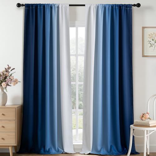 Yakamok 100% Blackout Curtains 95 inches Long, Room Darkening Blue and Greyish White Curtains Ombre for Bedroom,Gradient Rod Pocket Window Curtains for Living Room,2 Panels,52x95 inch
