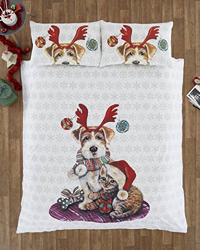 IvyandSnowy Christmas Dog and Cat Quilt Duvet Cover and 2 Pillowcase Bedding Bed Set, Double