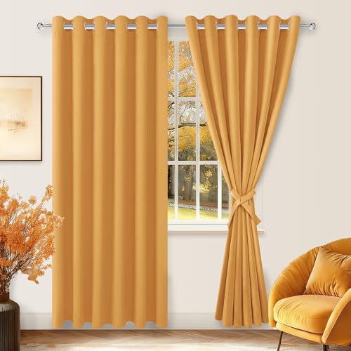 Hiasan Room Darkening Curtains for Bedroom, 70 x 84 Inches - Thermal Insulated & Energy Saving Window Drapes for Living Room/Dorm Room, Set of 2 Panels Sewn with Tiebacks, Pumpkin Orange