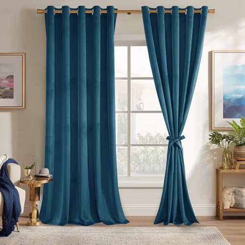 JIUZHEN Navy Velvet Curtains 108 inches Blackout Curtains for Living Room - Privacy Protect Room Darkening Grommet Thick Velvet Window Drapes for Bedroom, Set of 2 with Tiebacks, 60W x 108L