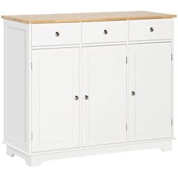 HOMCOM Modern Sideboard with Rubberwood Top, Buffet Cabinet with Storage Cabinets, Drawers and Adjustable Shelves for Living Room, Kitchen, White