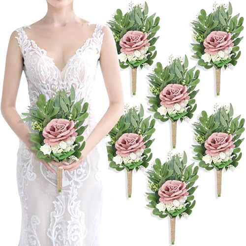 SEMONONIA 8 Inch Bridesmaid Bouquets Set of 6 - Artificial Flowers Greenery Bouquet for Wedding, Small Floral Bouquet for Ceremony Anniversary Marriage Proposal Centerpiece Decorations - Dusty Pink