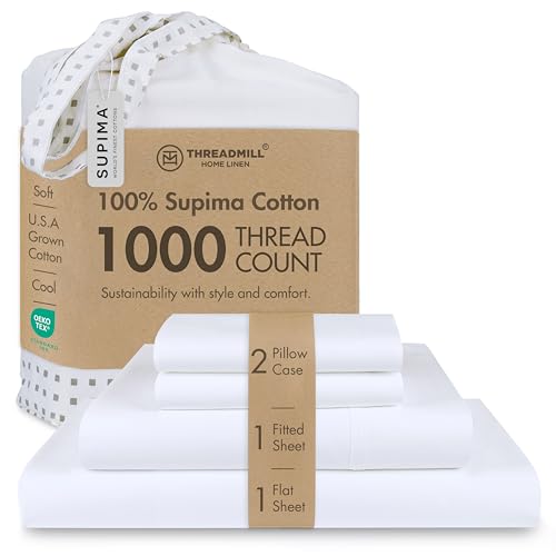 "Threadmill 100% American Supima Cotton Sheets King Size - 1000 Thread Count, 4Pc King Size Sheets Set, Smooth Sateen King Sheets, Ultra Luxury Bed Sheets, 17"" Deep Pocket King Sheet Set - White Sheets"