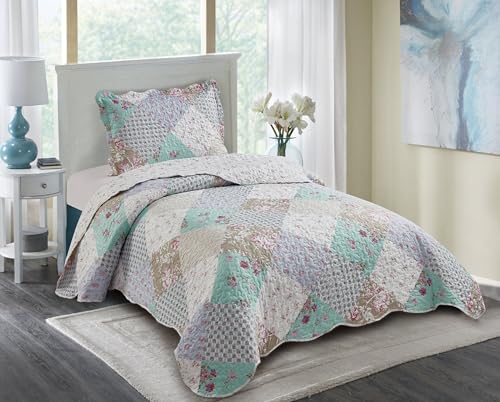 "Brilliant Sunshine Blue and Green Roses Quilt Twin Size, Patchwork Design Bedding Set with Sham, Reversible Bedspread, Soft Lightweight Coverlet for All Seasons (68""x90"")"