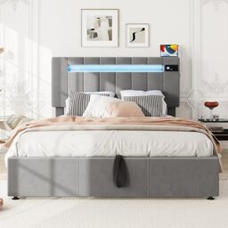 Ball & Cast Double Bed Frame with Storage, Ottoman Bed with Adjustable Headboard and Hydraulic, Velvet Double Bed Frame with Charging-Station and LED-Light, Grey, 4FT6-135x190cm, (No Mattress)